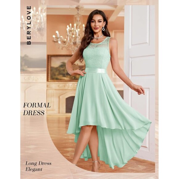 BeryLove Women Light Green Chiffon Scoop Neck Sleeveless Lace Cocktail Dress - Picture 4 of 7